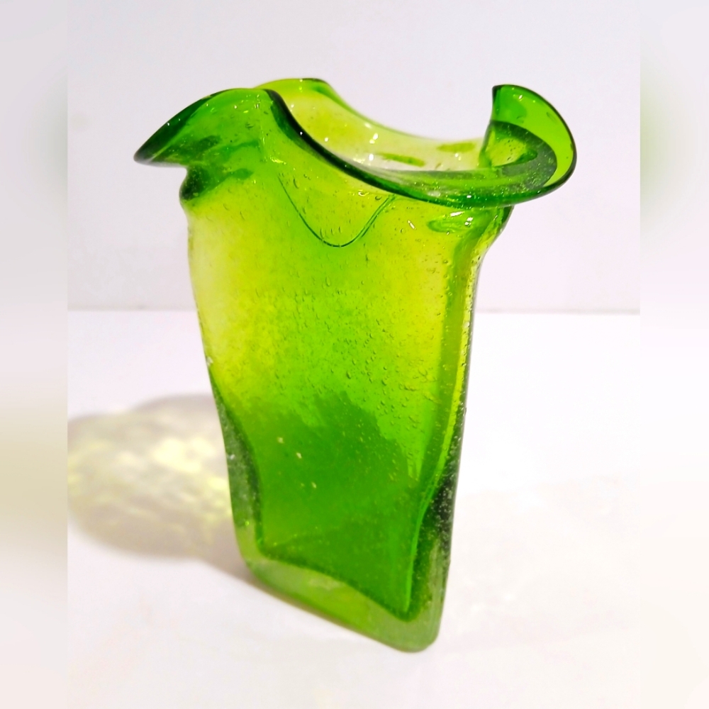 Vintage Green Blown Glass Art Vase
